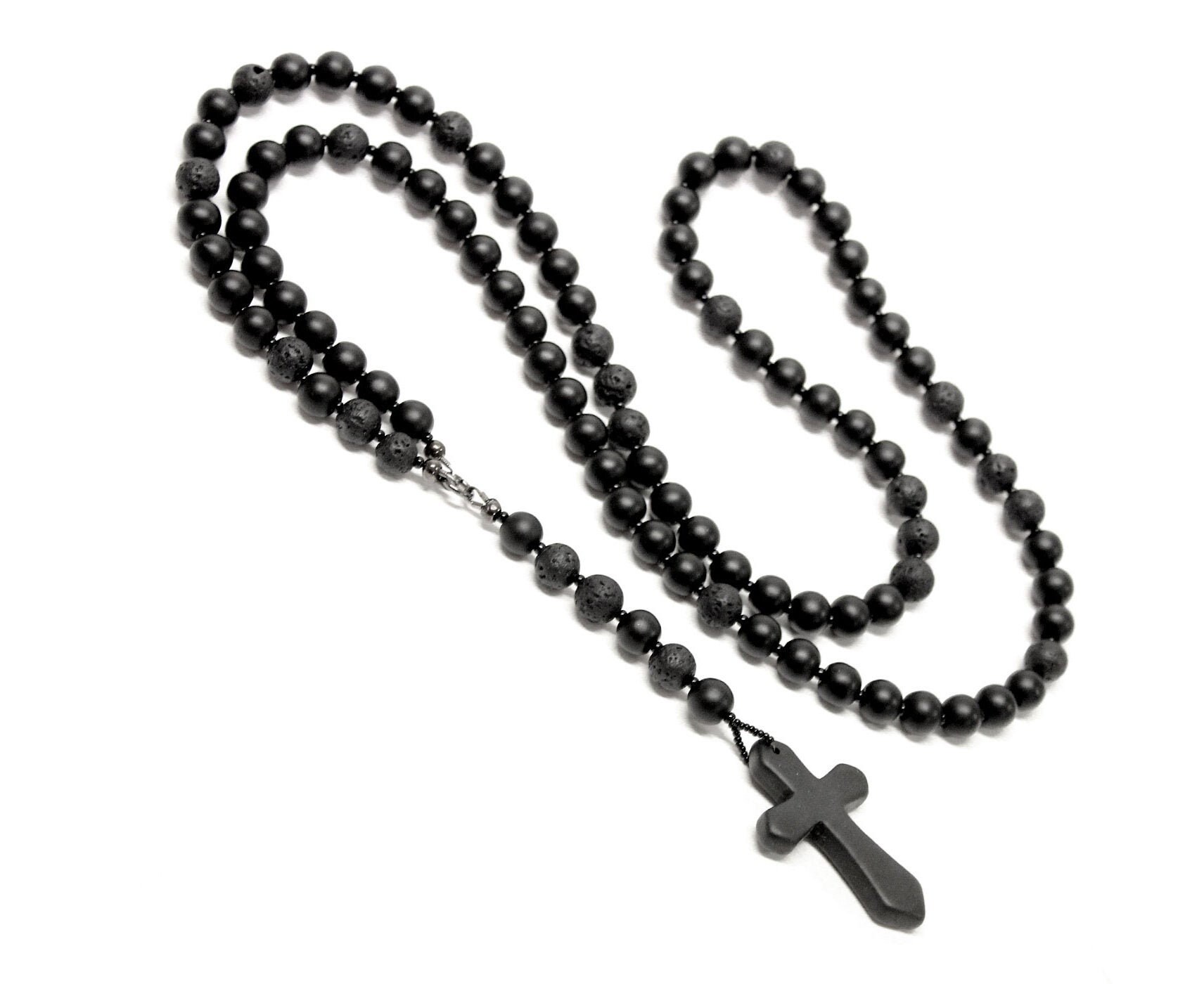 Beaded Black Rosary Man Necklace With 