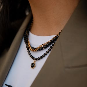 Handmade Black Onyx Necklace, Three Strand Beaded Jewelry with Gold-Plated Chain, Elegant Layering Necklace