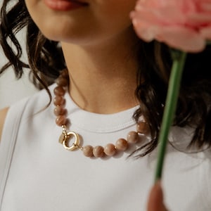 Sunstone Necklace, Handmade Beaded Gemstone Jewelry with Gold-Plated Clasp, Boho Layering Necklace
