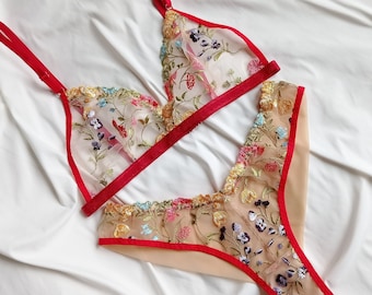 Sexy Bra Panty Set, Floral Mesh Lingerie, Sheer Embroidery, Elegant Underwear