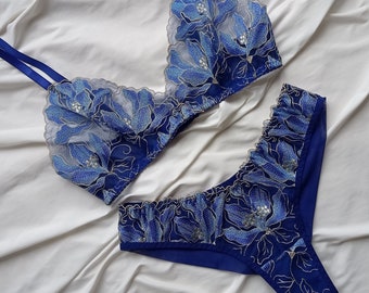 Blue lingerie flower, embroidery lingerie, plus size lingerie, embroidered bra top, bra and panty set, floral mesh lingerie.