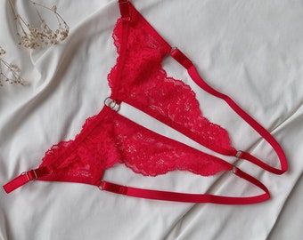 Split crotch panties, open back panty, open panty crotch, camel toe panties, pegging harness, revealing lingerie, open butt panties