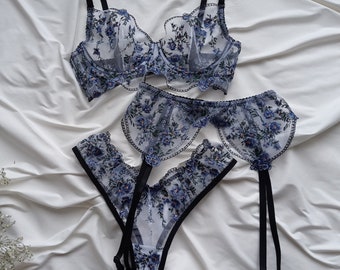 Floral mesh lingerie, plus size lingerie, custom underwear, sexy bra, handmade lingerie.