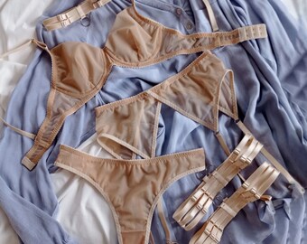Mesh Bralette Lingerie, See Through Bra, Sheer Panty, Handmade Garter Set
