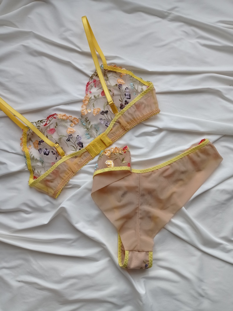 Embroidered lingerie set Floral lingerie set Floral mesh lingerie Lace bra Floral bralette Embroidered bra top Bra and panty set image 8