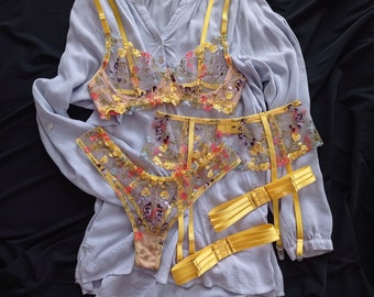 Embroidered lingerie set, Floral lingerie set, Mesh bra, Garter belt, Embroidery lingerie, Floral mesh lingerie