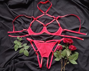 Bride Sheer Strappy Lingerie, Cupless Bra Harness Set, Crotchless Bikini Panties, Honeymoon Gift, Custom Erotic