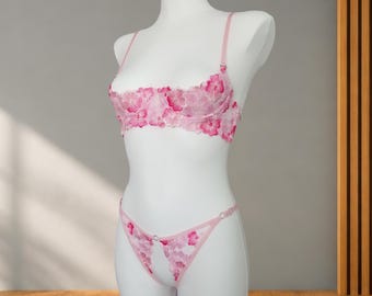 Pink Open Cup Lingerie Set, Quarter Cup Bra and Crotchless Panties, Embroidered Sheer Mesh Underwear, Romantic Boudoir Lingerie