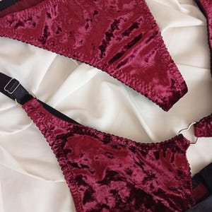 May include: A burgundy velvet lingerie set with black straps and a heart-shaped ring detail.