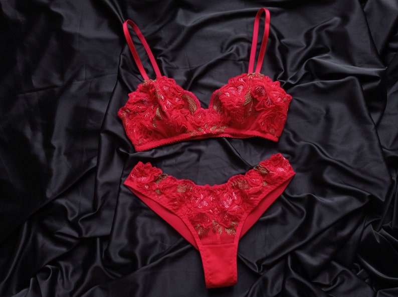 Red Lace Bra Handmade Lingerie Bra and Panty Set Red Lingerie Set Cute