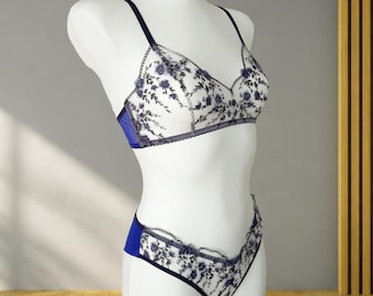 Blue Floral Mesh Lingerie Set, Sheer Bra Panties, Bridal Shower Gift, Custom Embroidery Underwear, Honeymoon Plus Size