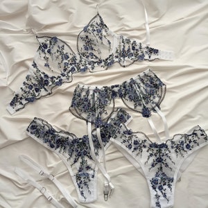 Lingerie flower, Embroidery lingerie, Floral lingerie set White outline image 10