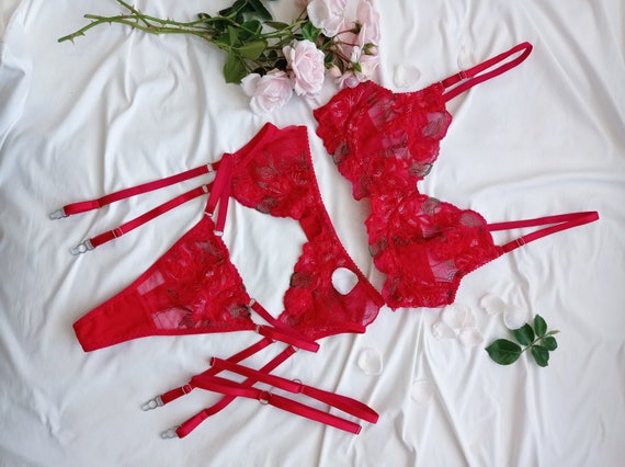 Red Lace Lingerie Set, Sexy Red Lingerie, Lace Bra and Panties