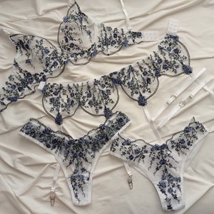 Lingerie flower, Embroidery lingerie, Floral lingerie set White outline Full set