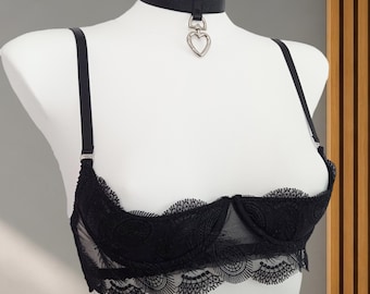 Ensemble lingerie noire ouverte, soutien-gorge sans bonnets, dentelle florale, ensemble Extreme Intimates
