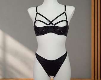 Cupless Lingerie Set Open Cup Bra Sheer Shelf Quarter Cup Crotchless Panties