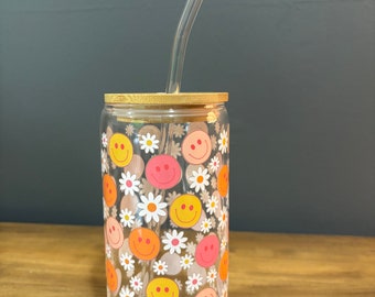 Vasos de vidrio / Vasos de vidrio estéticos / Vasos de vidrio con tapa de madera y pajita de vidrio / Vaso de vidrio con tapa de madera y pajita