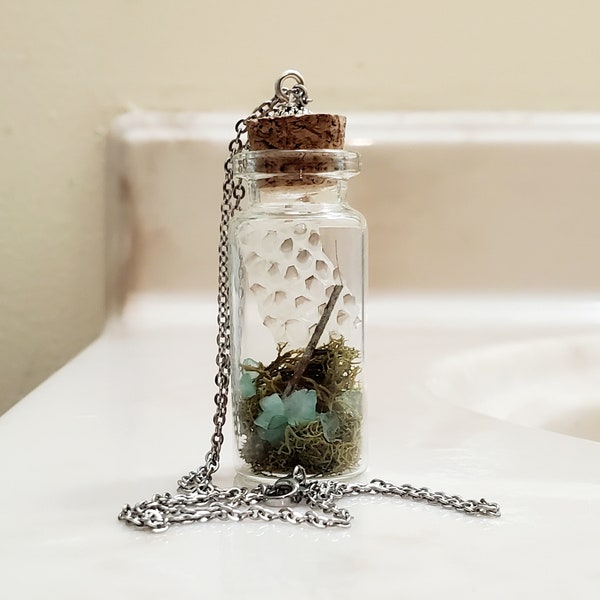 Snake Skin Necklace, Vial Necklace, Aquamarine Necklace, Healing Jewelry, Goblincore, Witchy Jewelry,