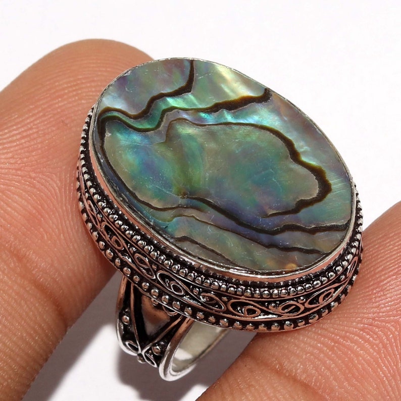 Natural Abalone Shell Vintage Style Setting Handmade 925 Sterling Silver Plated Gemstone Ring Size 9 US Jewelry R 8746