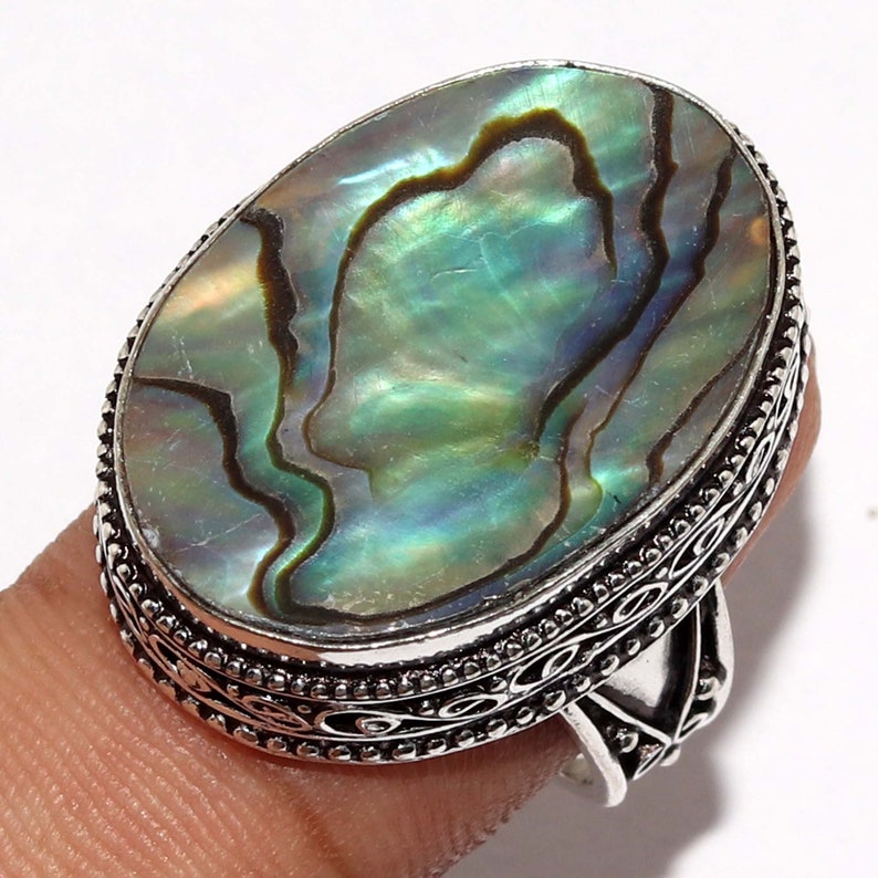 Natural Abalone Shell Vintage Style Setting Handmade 925 Sterling Silver Plated Gemstone Ring Size 9 US Jewelry R 8746