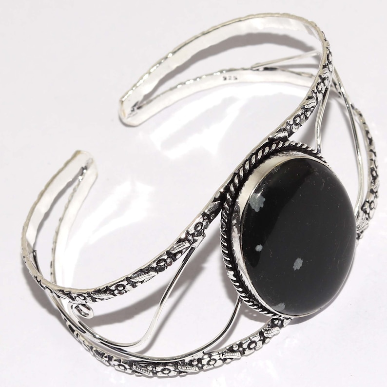 Natural Snowflake Obsidian Adjustable Handmade 925 Sterling Silver Plated Bangle Jewelry P 8678