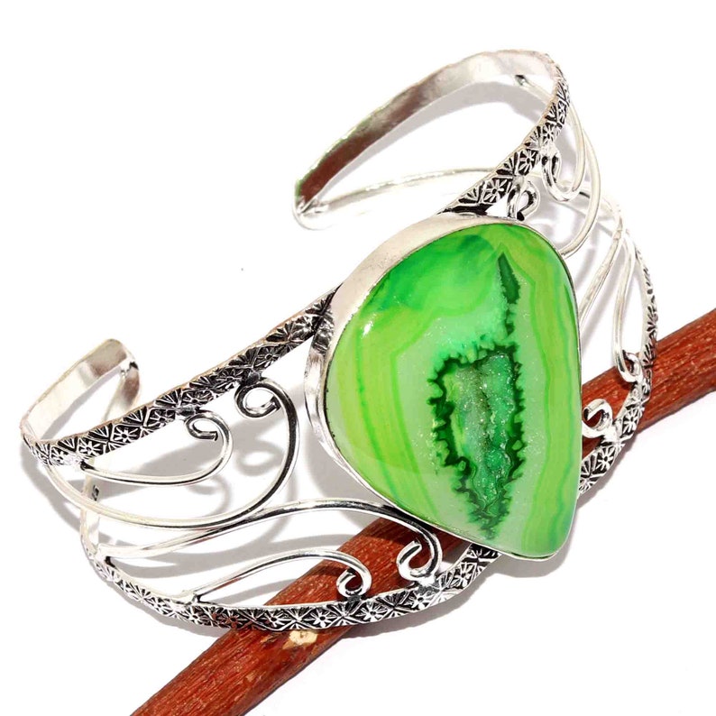 Natural Slice Druzy Adjustable Handmade 925 Sterling Silver Plated Bangle Jewelry M 7435