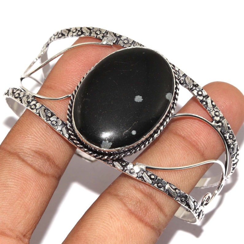Natural Snowflake Obsidian Adjustable Handmade 925 Sterling Silver Plated Bangle Jewelry P 8678