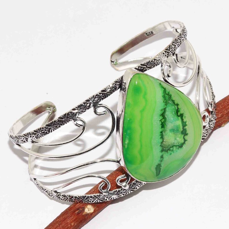 Natural Slice Druzy Adjustable Handmade 925 Sterling Silver Plated Bangle Jewelry M 7435