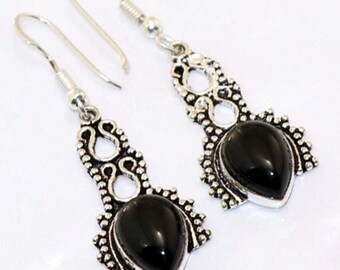 Black Onyx Antique style Handmade 925 Silver Plated Earrings CC