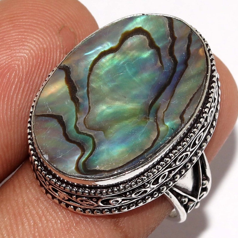 Natural  Abalone Shell    Vintage Style Setting Handmade 925 Sterling Silver Plated Gemstone Ring  Size 9 US Jewelry R 8746