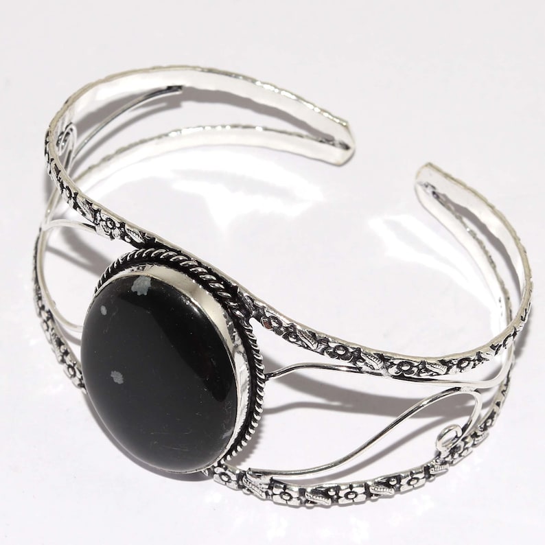 Natural Snowflake Obsidian Adjustable Handmade 925 Sterling Silver Plated Bangle Jewelry P 8678