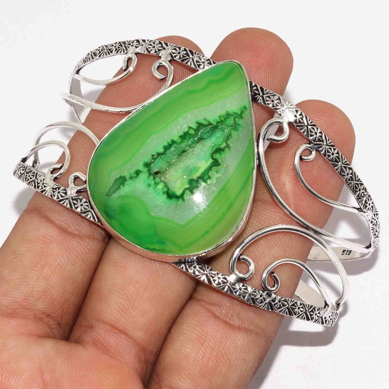 Natural Slice Druzy Adjustable Handmade 925 Sterling Silver Plated Bangle Jewelry M 7435