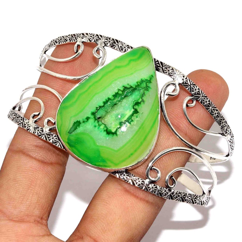 Natural Slice Druzy Adjustable Handmade 925 Sterling Silver Plated Bangle Jewelry M 7435