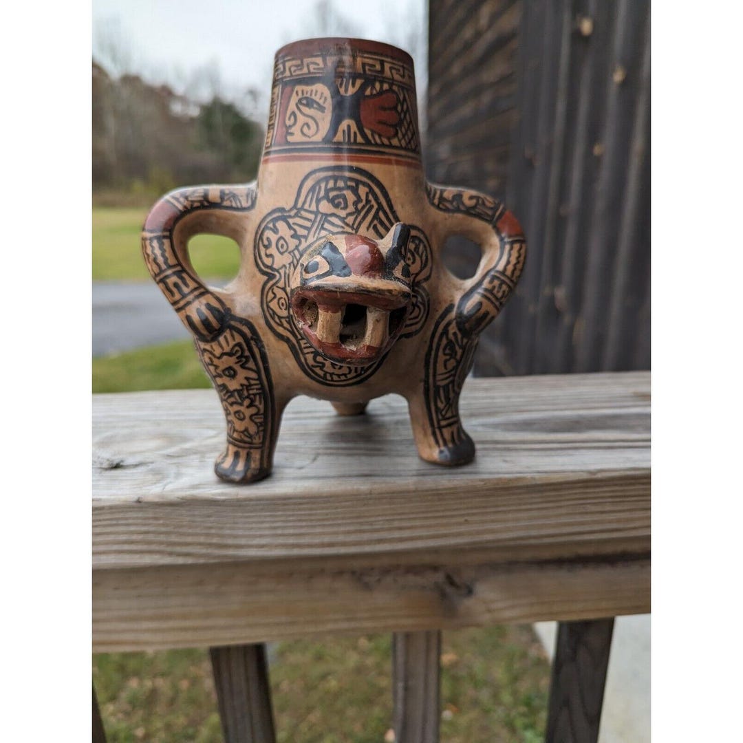 Primitive Rattle Vintage Jaguar Shaker Clay Hand Painted Folk Art Primitive Pottery ...