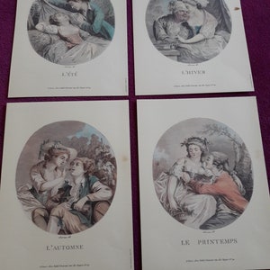 set of 4 old posters, reproduction of paintings, romantic scenes, the 4 seasons by Nicolas LAVREINCE, vintage 80s.