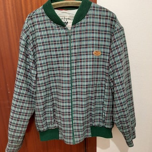 Giubbotto bomber scozzese da uomo in tartan verde, giacca a quadri verdi, stile vintage francese anni &#39;80.