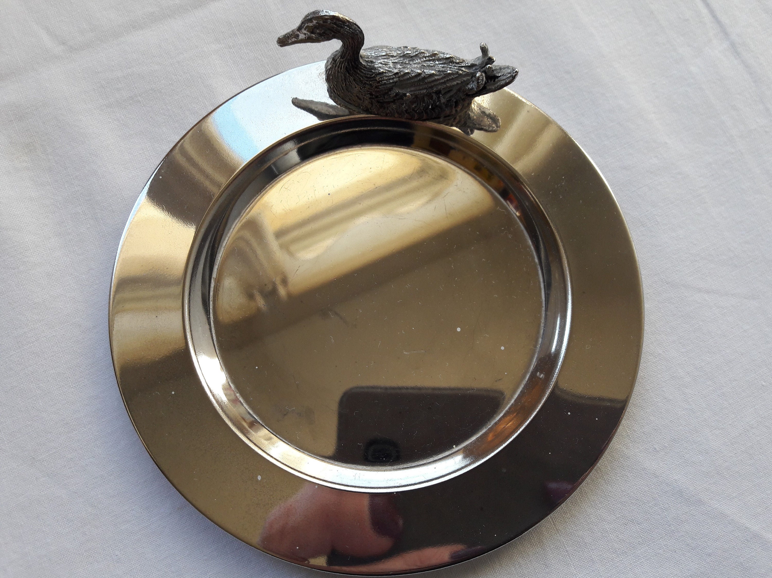 Dessous de Bouteilles, Dessous Carafes, Sous Verres en Métal Argenté, Canard, Vintage.