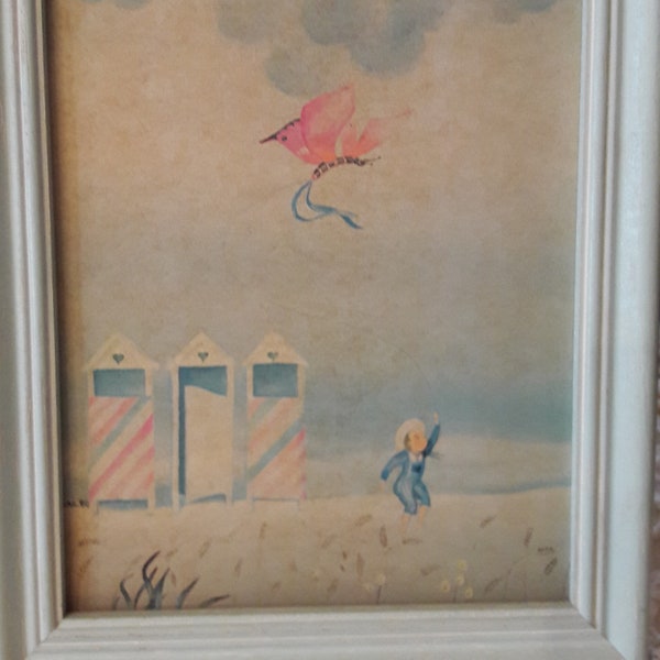 Cadre bois bébé, tableau bois bébé, peinture naïve, mer, voilier, plage, cerf volant,  décoration vintage des années 80, chambre de bébé.