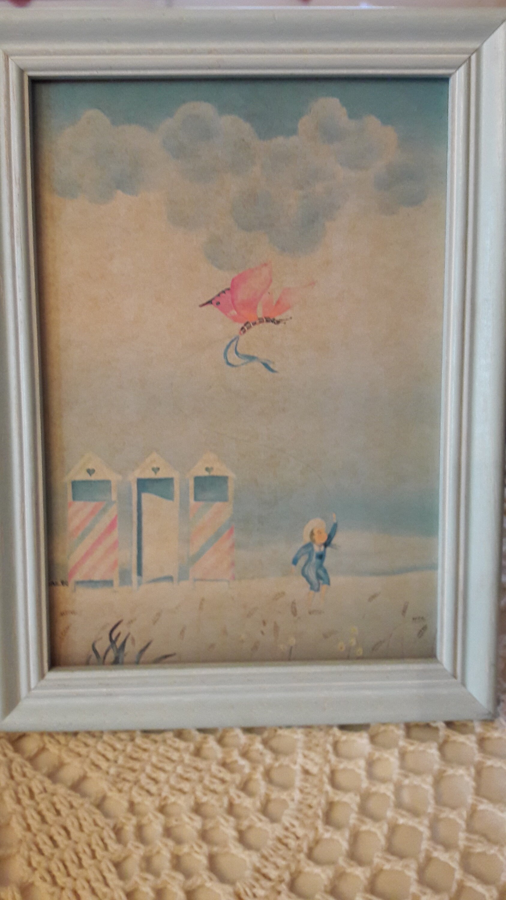 Cadre Bois Bébé, Tableau Peinture Naïve, Mer, Voilier, Plage, Cerf Volant, Décoration Vintage Des An