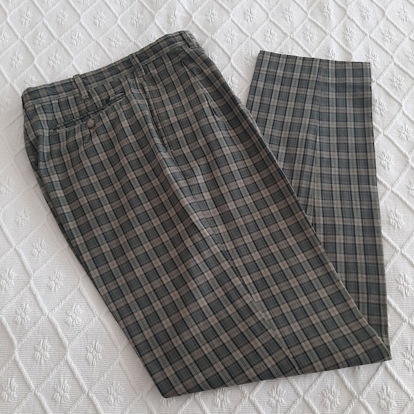 Pantalon vintage à pinces, taille haute, en tartan écossais vert, Old River.