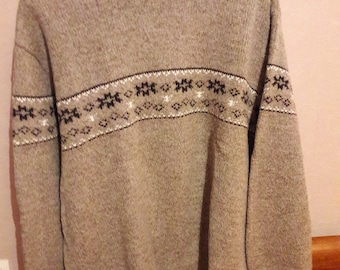 Men&#39;s wool sweater, men&#39;s sweater, turtleneck wool sweater, size L, OVERLAND, brown, geometric patterns, vintage.