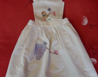 Vintage 60s, baby dress with embroidery, children's apron, children's cotton apron dress, 12 months, butterflies, chicks.