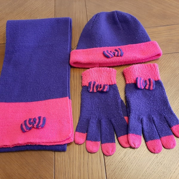 Echarpe bonnet gants pour fille en laine vintage des années 90, taille 8/10 ans.