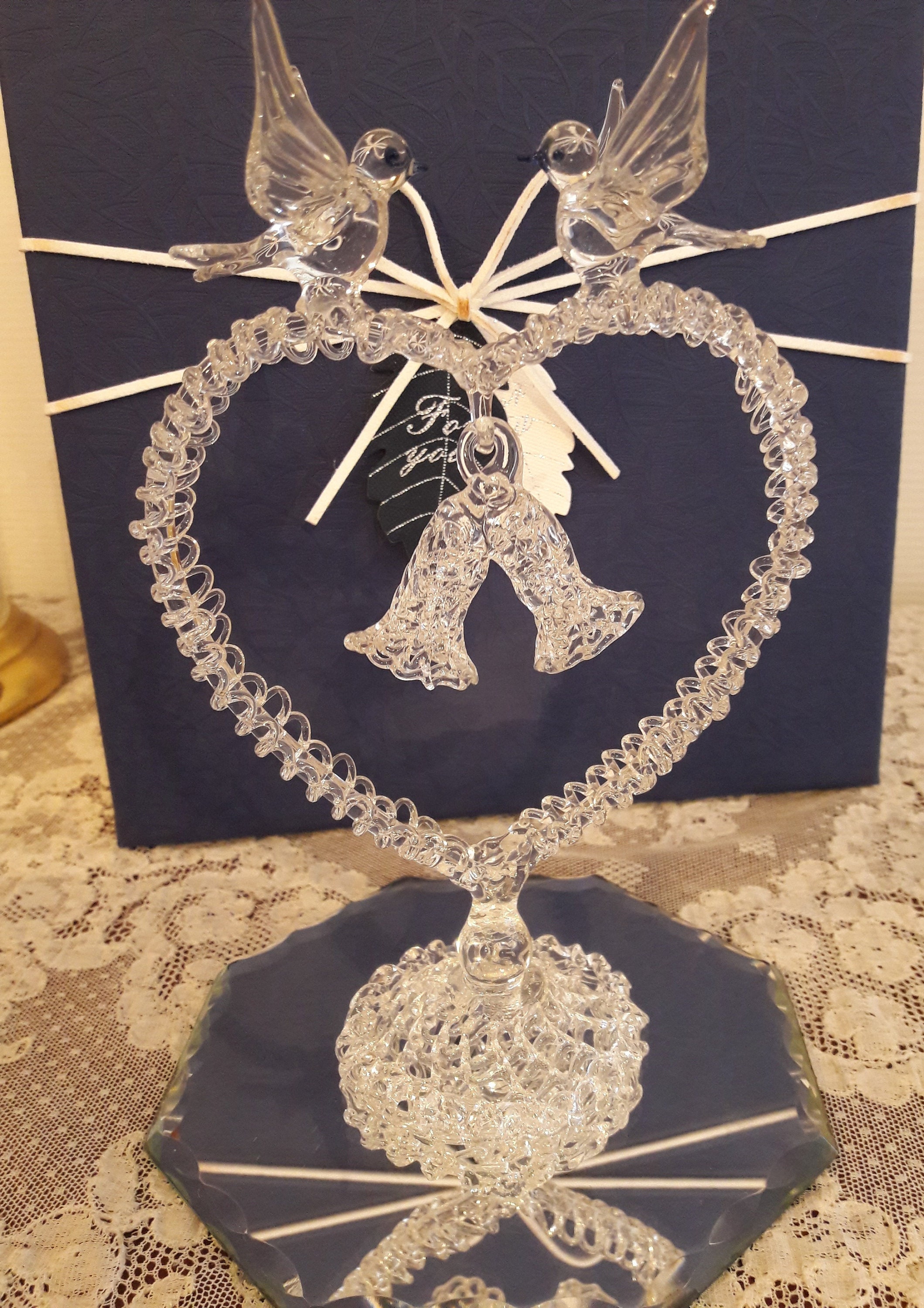 Cœur en Verre Filé, Bibelot Verre, Cœur, Oiseaux, Clochettes, Amour, Décoration Fait Main, Vintage D