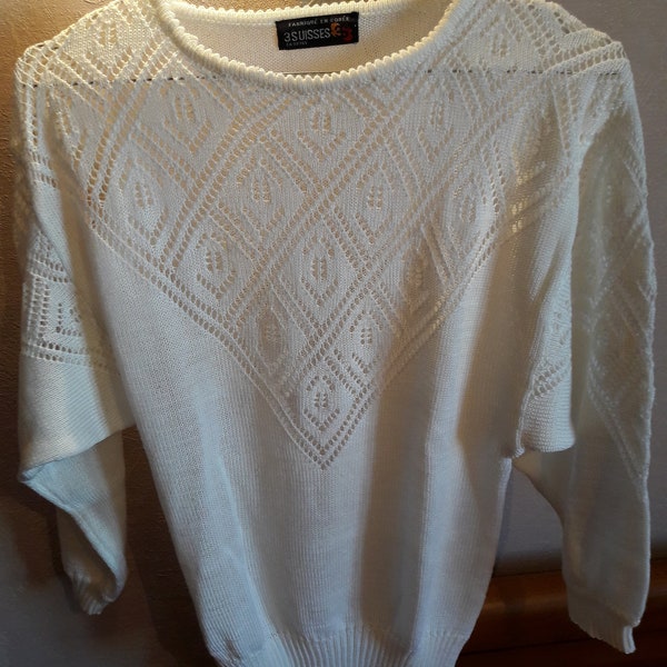 Pull en coton blanc, pull blanc en maille ajourée, pull au crochet, vintage des années 80, manches 3/4, taille M.