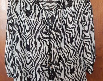 Zebra print voile tunic/blouse, zebra blouse, fluid zebra print shirt, black and white zebra blouse, vintage 90s.