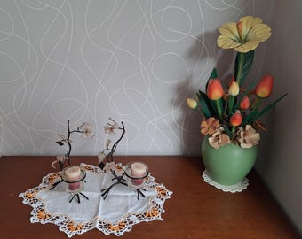 Coppia di candelieri, candelieri in ferro battuto e vetro, candelieri in metallo vintage.