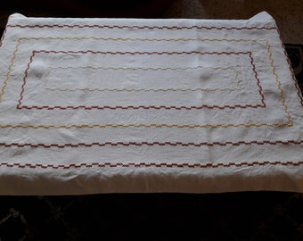 Vintage linen tablecloth, hand embroidered in cross stitch, rectangular tablecloth, hand embroidered tablecloth, French table linen.