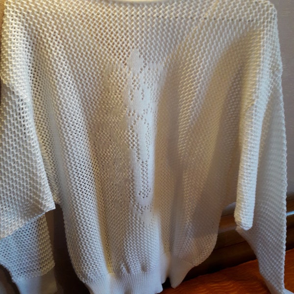 Pull en coton blanc, pull blanc en maille ajourée, pull tricoté crochet, vintage des années 80, taille M.