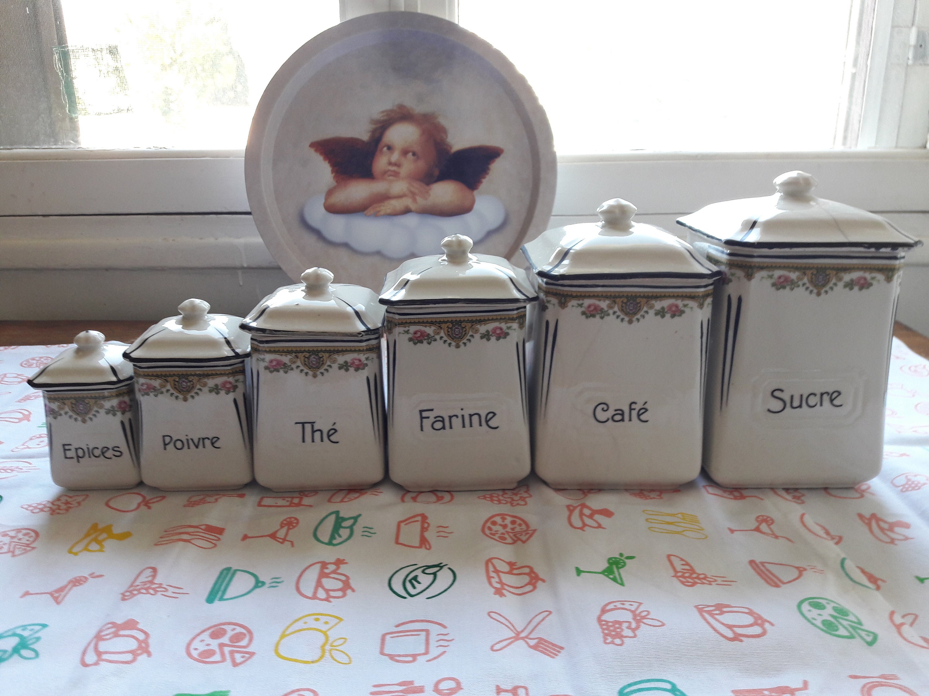 Serie de 6 Pots à Épices en Faïence, Décor Antique Florale, Années 1930, Vintage Français.